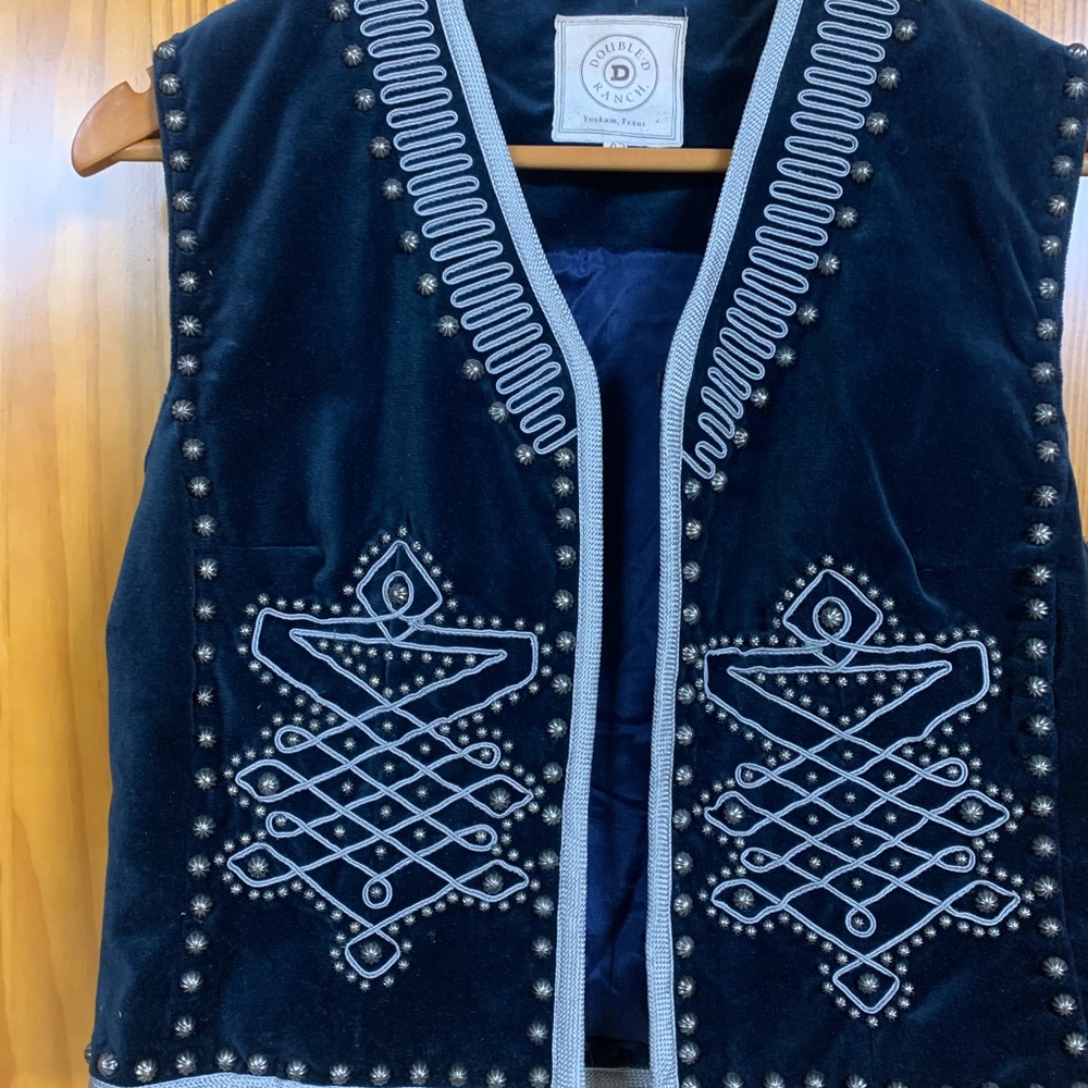 Vintage Double D Ranch Embroidered Blue Velvet  Vest with Silver Studded Accents